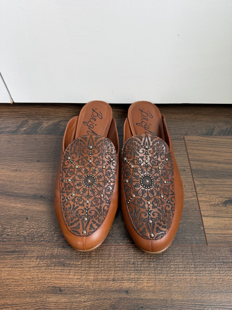 Brighton Women’s Icon Luggage Vacchetta Laser Mules Brown Size 9
